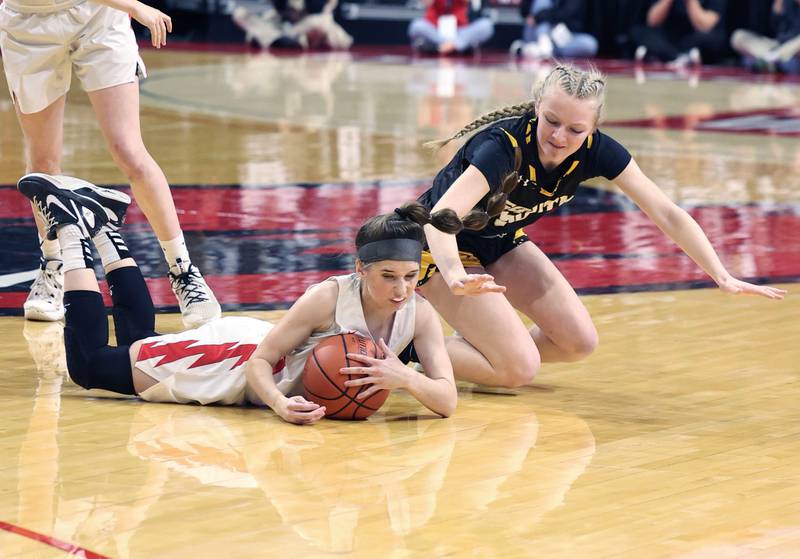 Hinsdale South's Sloane Kiefer (right) and Glenwood's Karley Hawkins go after a loose ball during their game Friday, March 1, 2024, in the IHSA Class 3A state semifinal at the CEFCU Arena at Illinois State University in Normal.