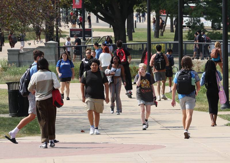 Northern Illinois University students make their way to and from classes Thursday, Sept. 12, 2024, on campus at NIU in DeKalb.