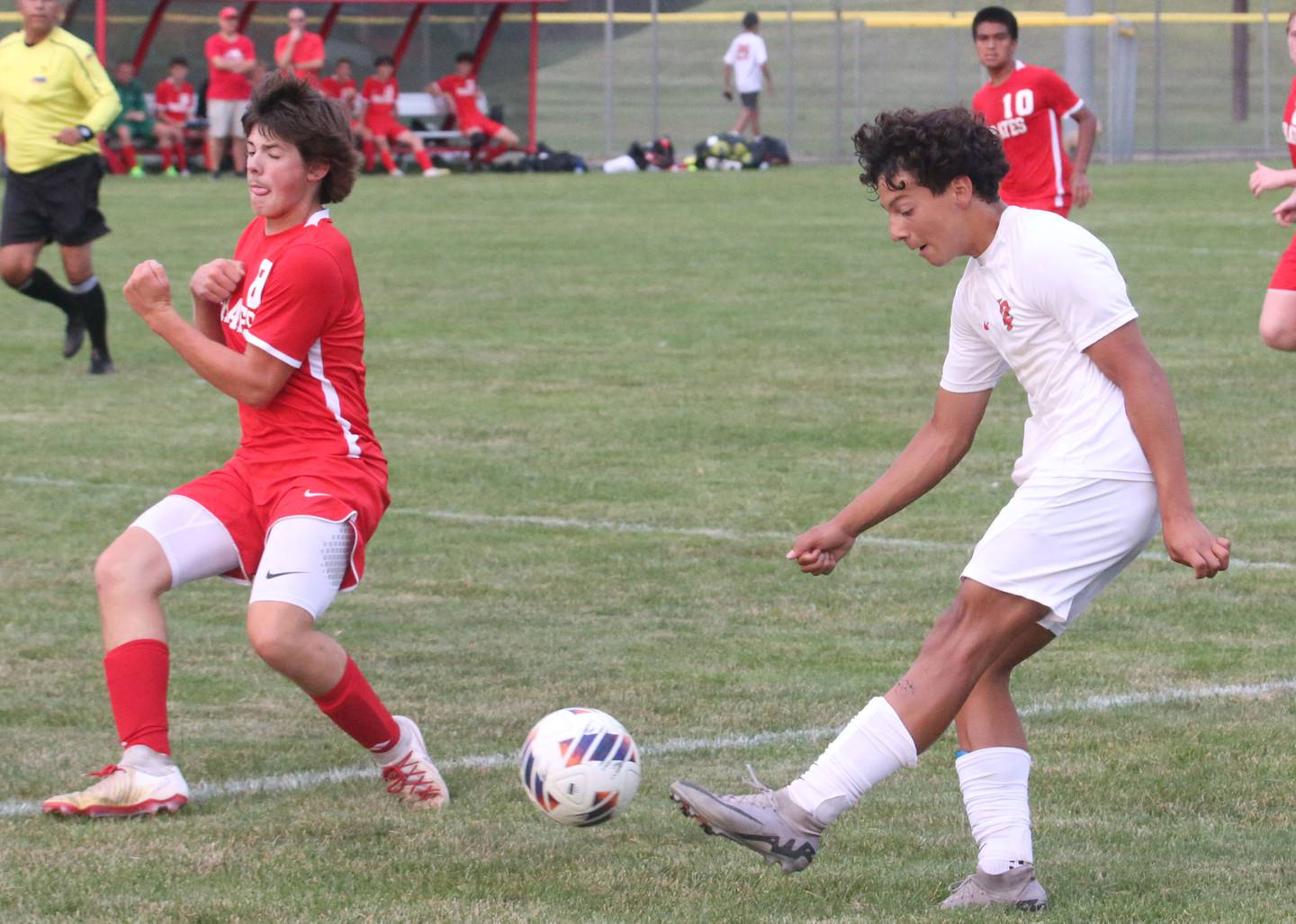 La Salle-Peru's Adan Pantoja kicks the ball in front of Ottawa's Mason Jaegle during the game on Thursday, Sept. 5, 2024 at King Field.