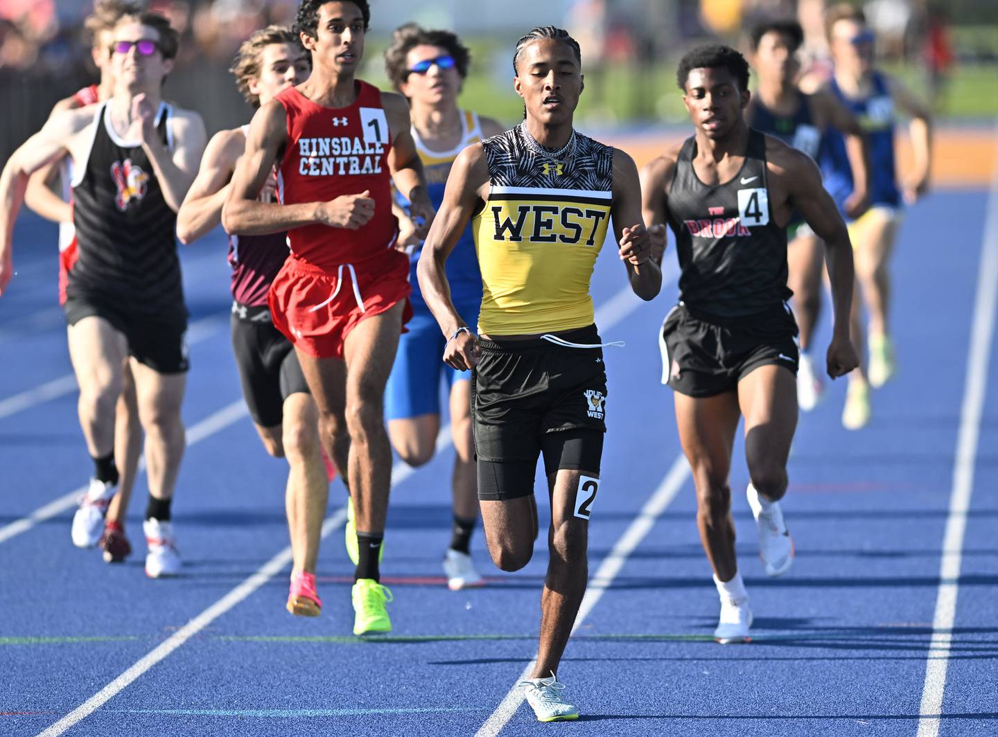 Joliet West's Marcellus Mines racing to the finish line in the 800 meter event during the IHSA 3A Sectional track meet  on Friday, May. 17, 2024, at Joliet.