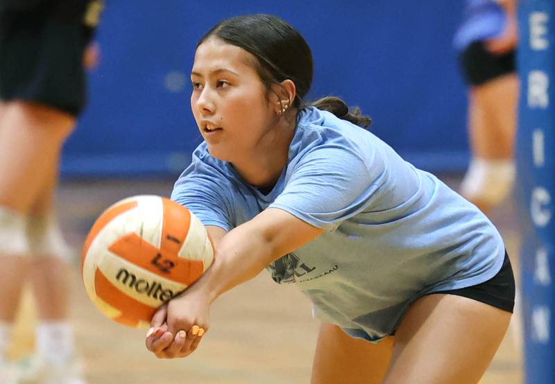 Genoa-Kingston’s Mia Wise bumps the ball Thursday, Aug. 1, 2024, during practice at the school in Genoa.