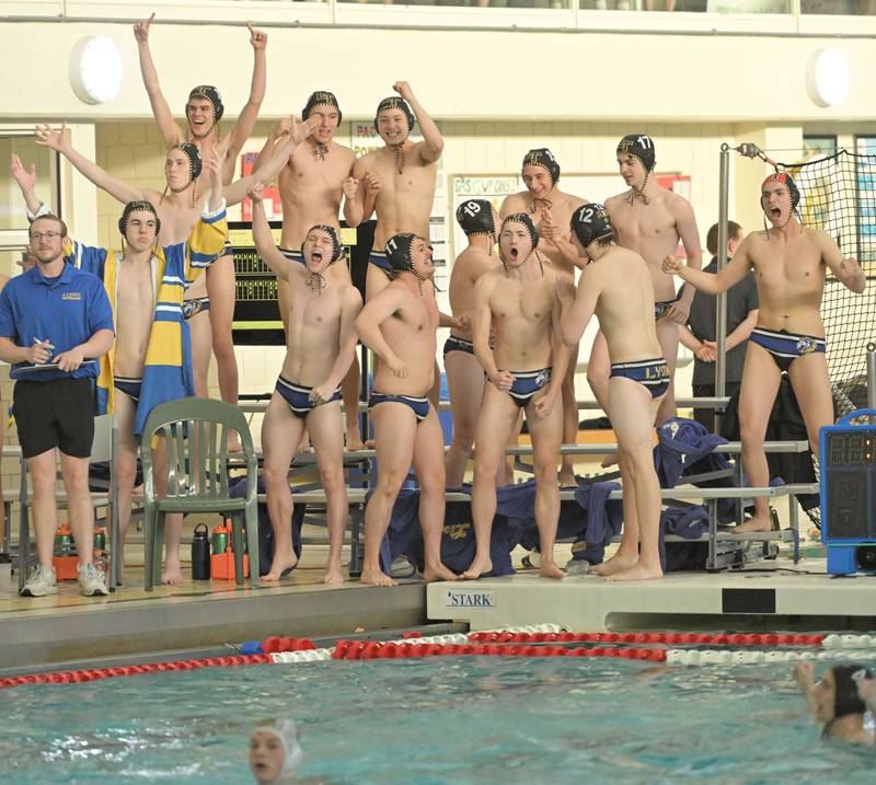 Lyons celebrates their win in the final seconds in the IHSA boys water polo championship against Stevenson in Lincolnshire on Saturday, May 18, 2024.