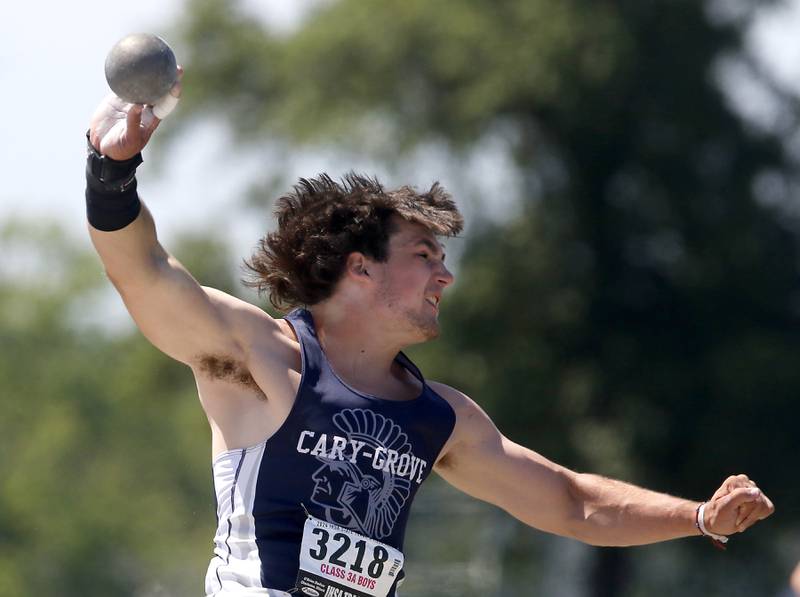 Cary-Grove’s Logan Abrams throws the shot putt during the IHSA Class 3A Boys State Track and Field Championship meet on Saturday, May 25, 2024, at Eastern Illinois University in Charleston.