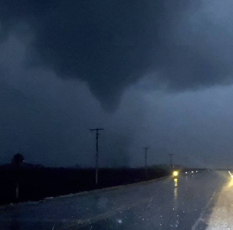 A funnel-type cloud seen near Hinckley was captured by area storm chaser Adam Lucio around 7 p.m. Feb. 27, 2024. The National Weather Service confirmed a tornado touched down in the Hinckley and Big Rock area in DeKalb and Kane counties.