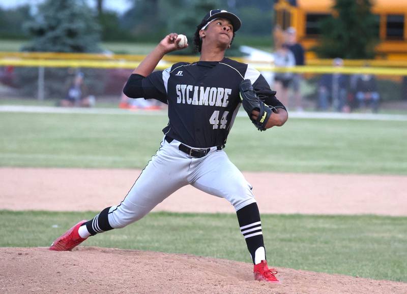 Sycamore's Tyler Townsenddelivers a pitch during their Class 3A sectional final game against Burlington Central Friday, May 31, 2024, at the Sycamore Community Sports Complex.