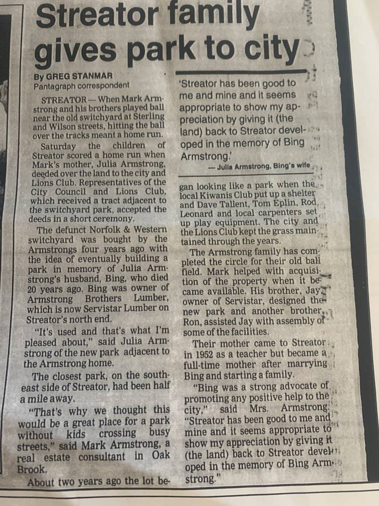 A 1998 article from The Pantagraph detailing the Armstrong family's donation of the former switchyard land to Streator, marking the dedication of Bing Armstrong Memorial Park.