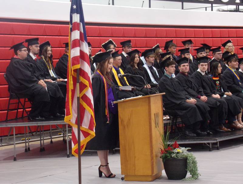 Lanee Lucas gives the greeting Sunday, May 19, 2024, during the Woodland High School graduation ceremony in the schools gymnasium.