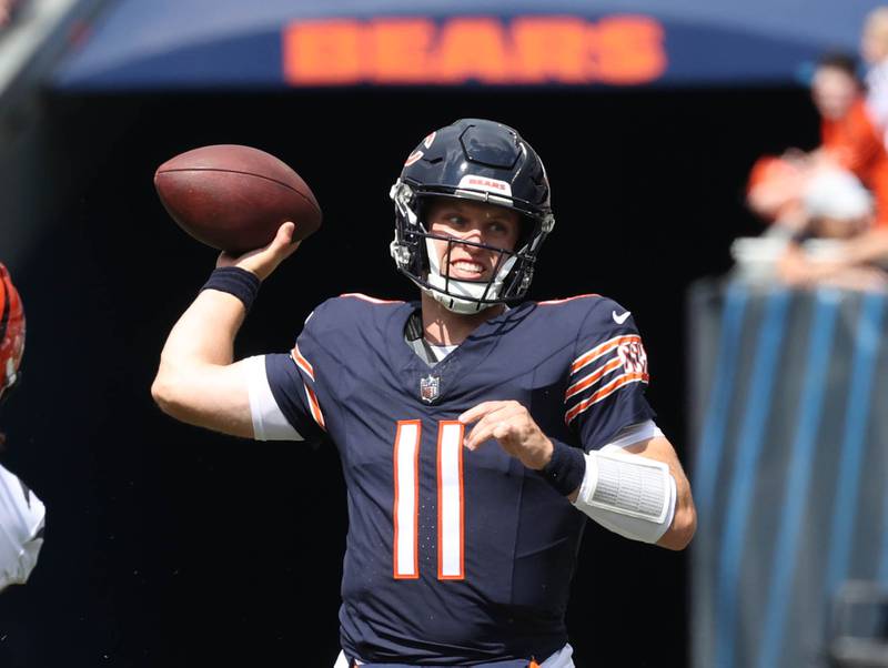 Chicago Bears quarterback Brett Rypien throws a pass during their game against the Cincinnati Bengals Saturday, Aug. 17, 2024, at Soldier Field in Chicago.