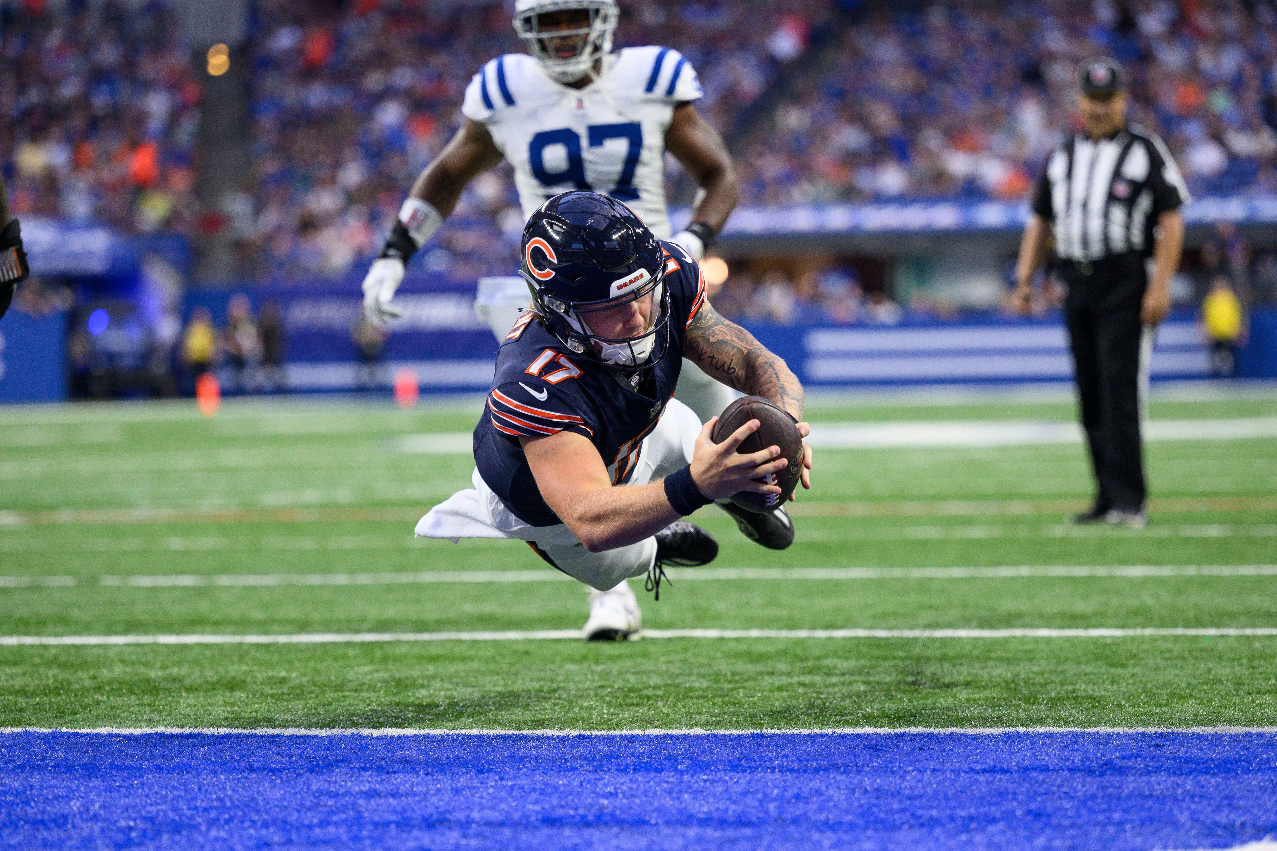 August 19, 2023: Chicago Bears quarterback Tyson Bagent (17) rolls out of  the pocket with the ball during NFL preseason game against the Indianapolis  Colts at Lucas Oil Stadium in Indianapolis, Indiana.