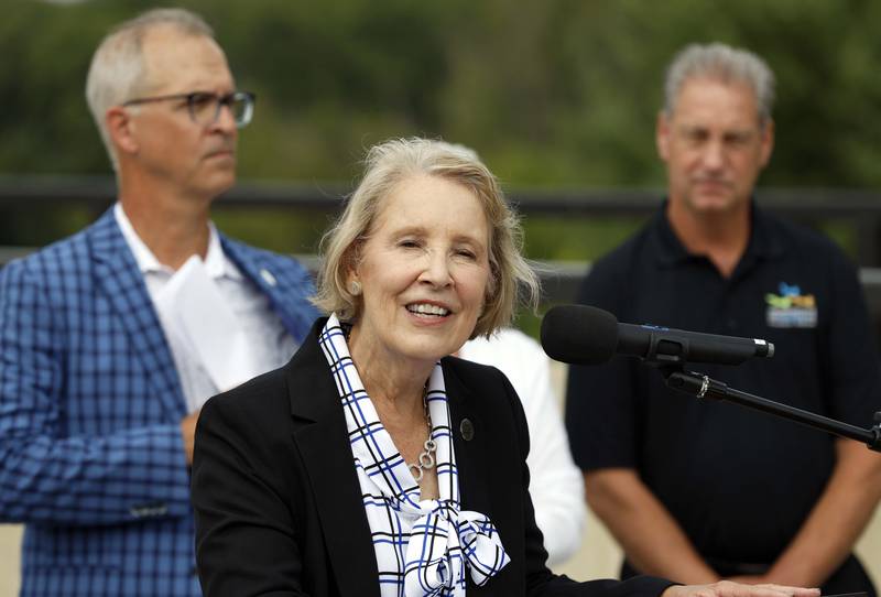 Kane County Board Chairman Corinne Pierog speaks during the ceremony for the long-awaited opening of Longmeadow Parkway over the Fox River Thursday, Aug. 29, 2024 in Algonquin.