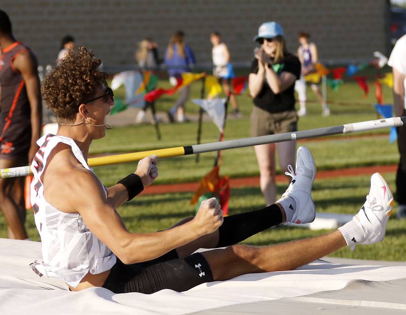 Hampshire’s Vince Scott competes in the long jump during the Huntley IHSA Class 3A Boys Sectional Track and Field Meet on Wednesday, May 15, 2024, at Huntley High School.