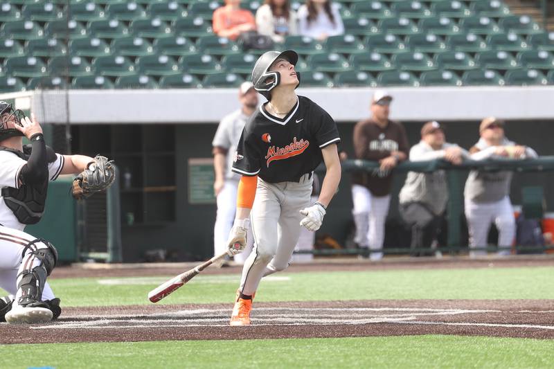 Minooka’s Brayden Zilis connects against Joliet Catholic in the WJOL tournament championship on Saturday, March 30, 2024 in Joliet.