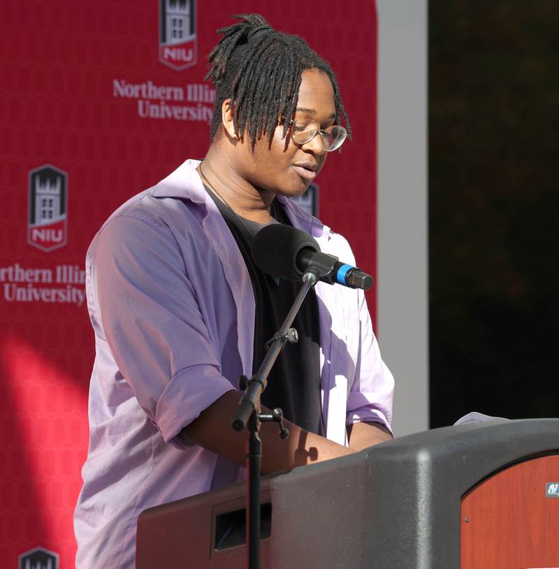 Nasiru Williams, president of the Northern Illinois University residence hall association, speaks Friday, Oct. 7, 2022, during a renaming ceremony where New Residence Hall at NIU became Fanny Ruth Patterson Complex. Patterson was the university’s first Black graduate and the building is being named in her honor.