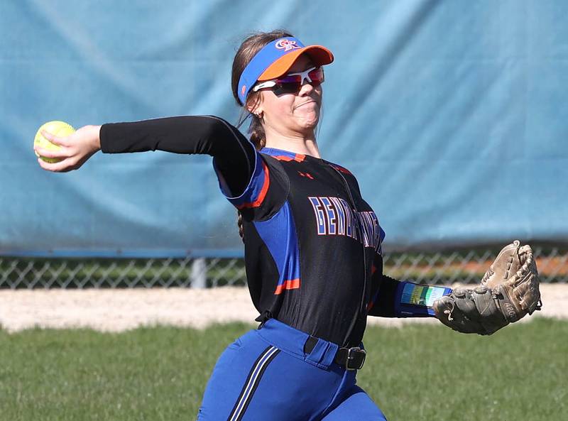 Genoa-Kingson's Faith Thompson gets the ball back into the infield during their game against Oregon Tuesday, April 9, 2024, at Genoa-Kingston High School.