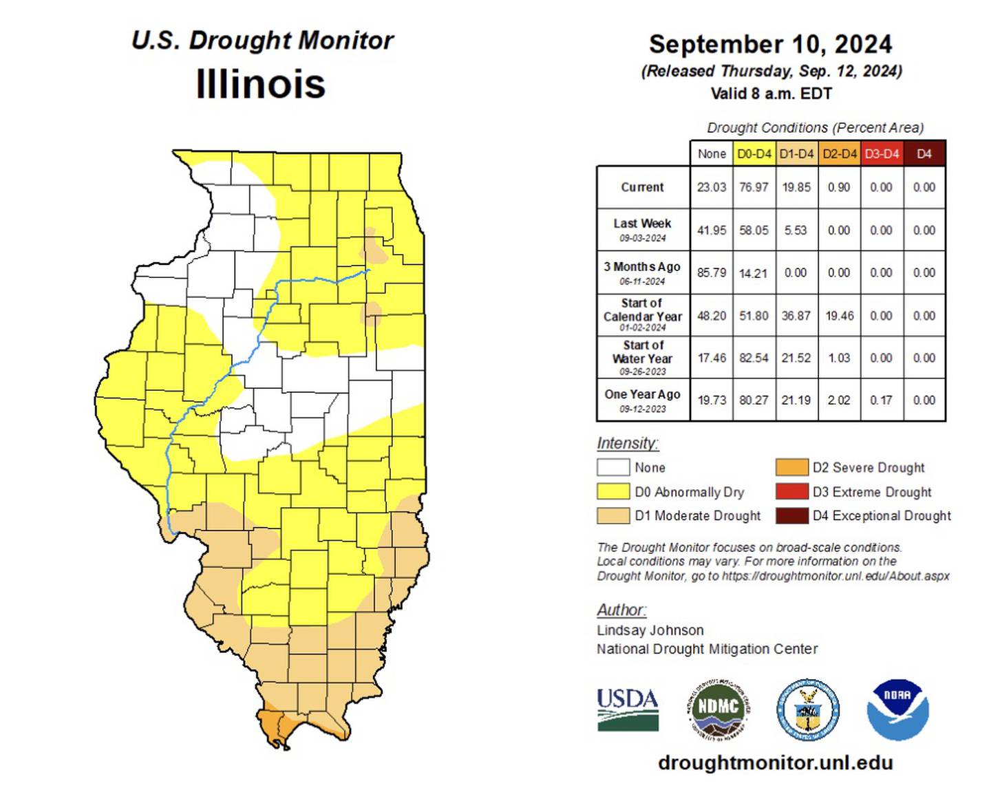 Drought conditions recorded across Illinois as of Sept. 10, 2024.