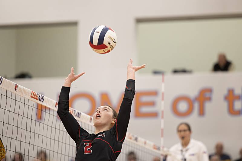 Fulton’s Brooklyn Brennan sets a shot against Le-Win Monday, Oct. 30, 2023 at the Eastland 1A volleyball sectional.