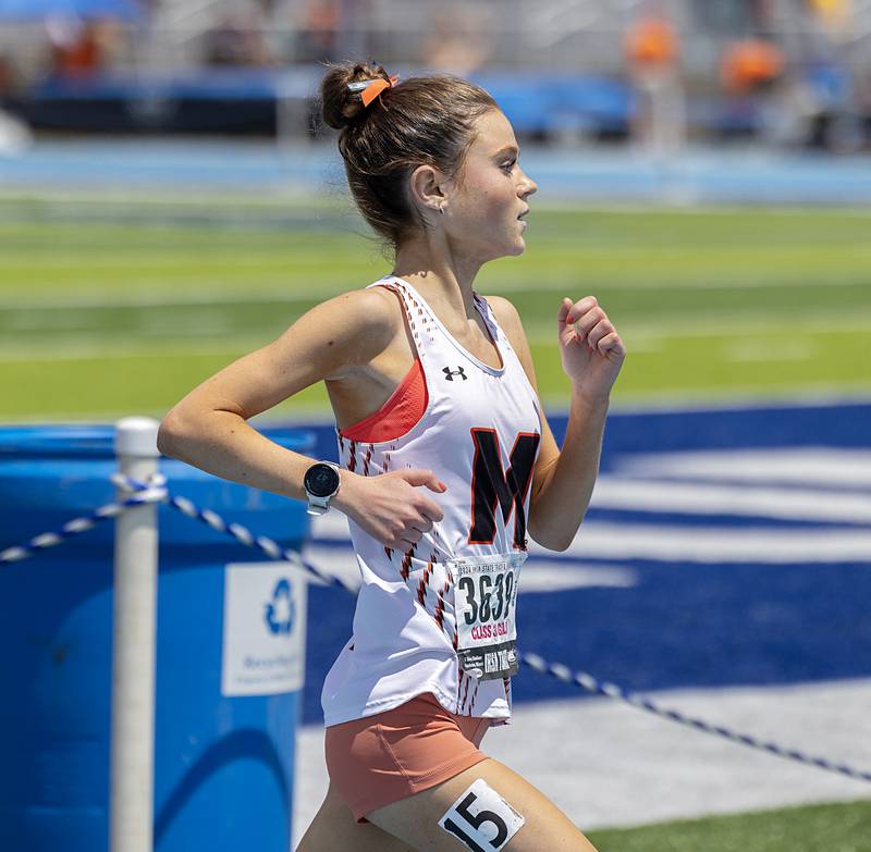 McHenry’s Skyler Balzer competes in the 3A 3200 run Saturday, May 18, 2024 at the IHSA girls state track meet in Charleston.