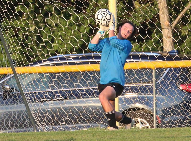 Streator's keeper Noah Camp blocks a shot from Bloomington Central Catholic on Wednesday, Aug. 23, 2023 at St. James Street Recreation Area in Streator.