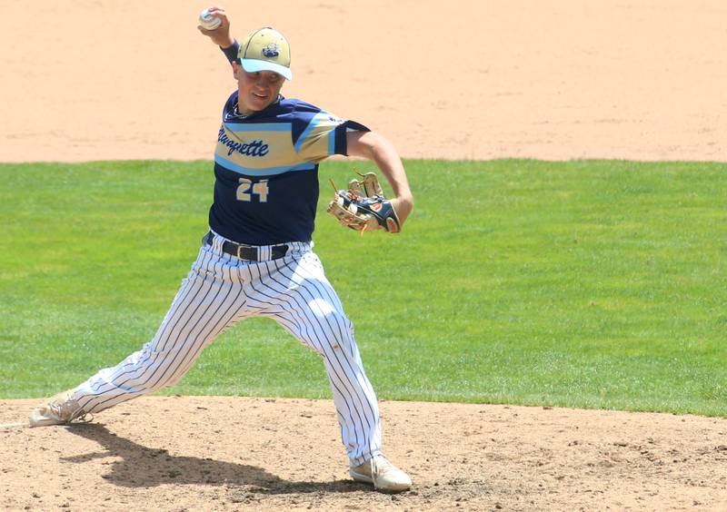 Marquette relief pitcher Anthony Couch lets go of the ball against Routt during the Class 1A semifinal game on Friday, May 31, 2024 at Dozer Park in Peoria.