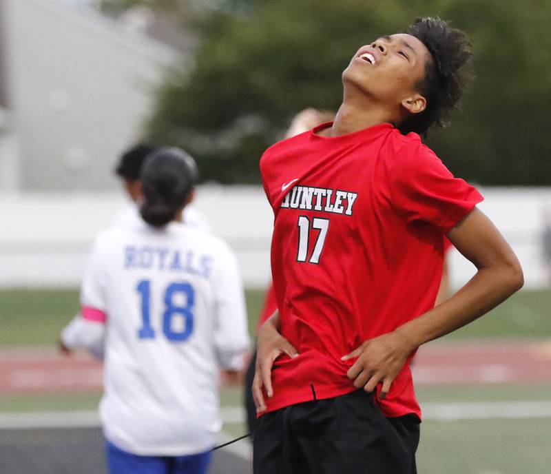 Huntley's Nate Rodriguez reacts to a missed scoring opportunity during a nonconference soccer match against Larkin on Thursday, Sept. 5, 2024, at Huntley High School.