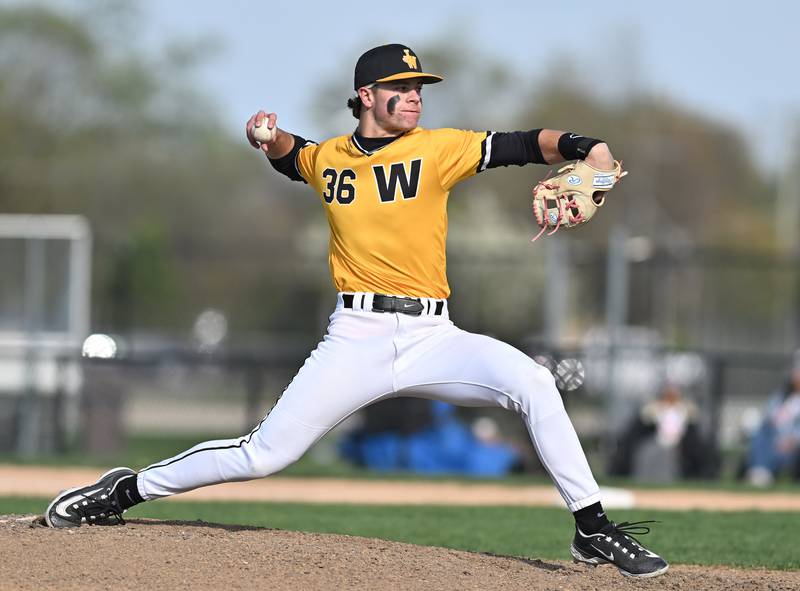 Joliet West's Jimmy Anderson throwing a pitch during the non-conference game against Lincoln-Way West on Friday, April. 19, 2024, at Joliet.