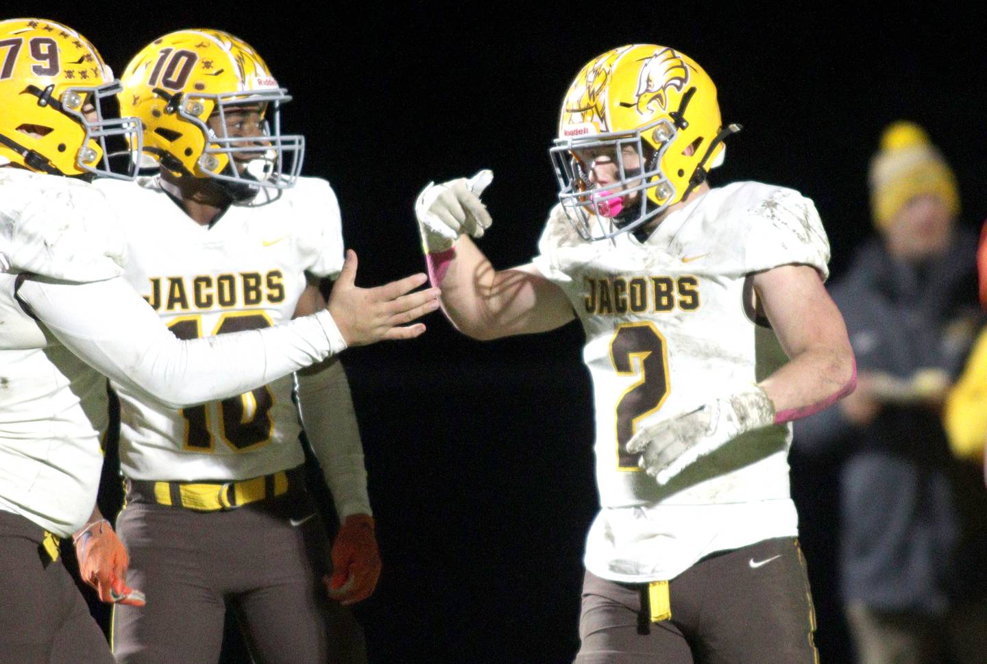 Jacobs’ Caden DuMelle (2) is greeted in the end zone after scoring a touchdown in varsity football at Metcalf Field on the campus of Crystal Lake Central Friday night.