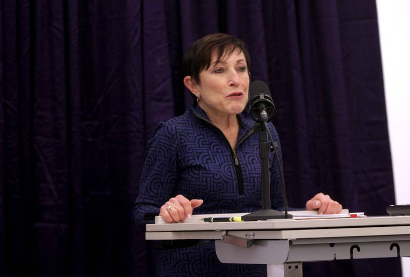 Laurel Moad, candidate for St. Charles’ 4th ward alderman, answers a question during a candidate forum hosted by the St. Charles Chamber of Commerce at Clarke Control in St. Charles on Wednesday, Feb. 22, 2023.