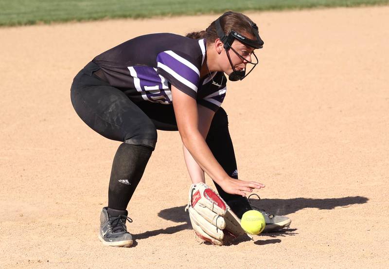 Dixon's Elly Brown fields a grounder during their Class 3A regional championship game against Sycamore Thursday, May 23, 2024, at Rochelle High School.