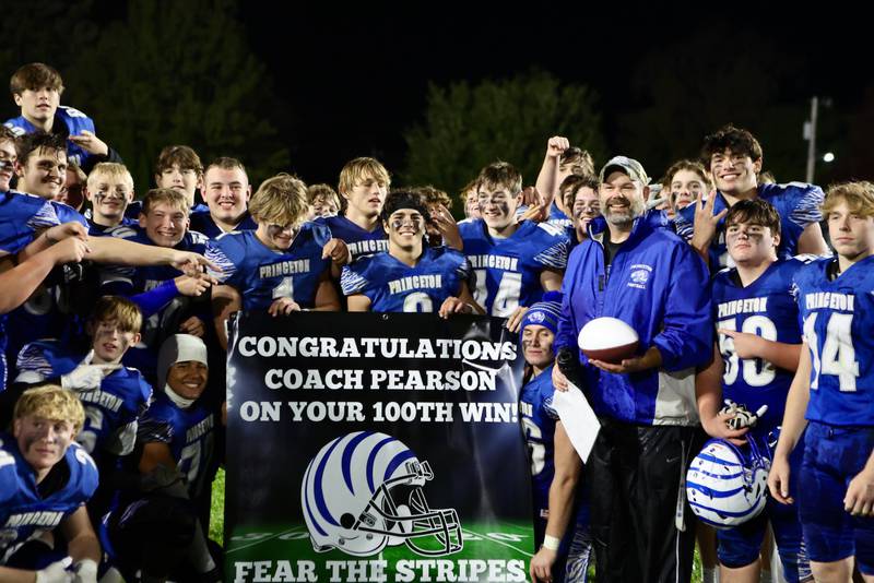 Princeton coach Ryan Pearson recorded his 100th career win with Friday's 57-20 win over Mercer County at Bryant Field.