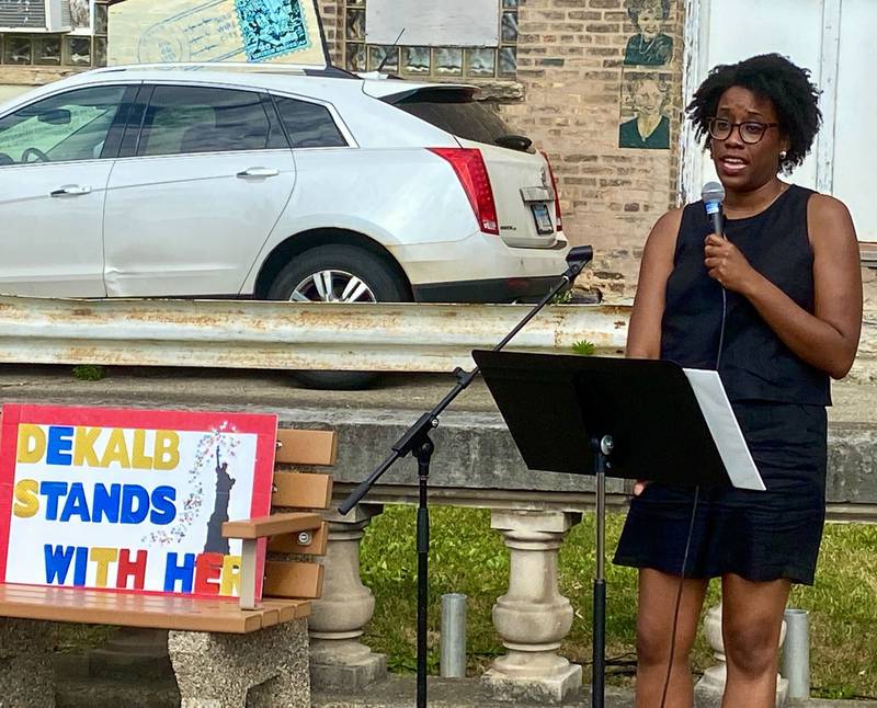 Congresswoman Lauren Underwood, D-Naperville, speaks to a crowd gathered in downtown DeKalb on Saturday, June 22, 2024, for a Rally for Reproductive Rights. Organizers said the event was held to mark two years since the U.S. Supreme Court overturned federal protections for abortion access, and to help mobilize voters to support pro-abortion candidates ahead of the November election.