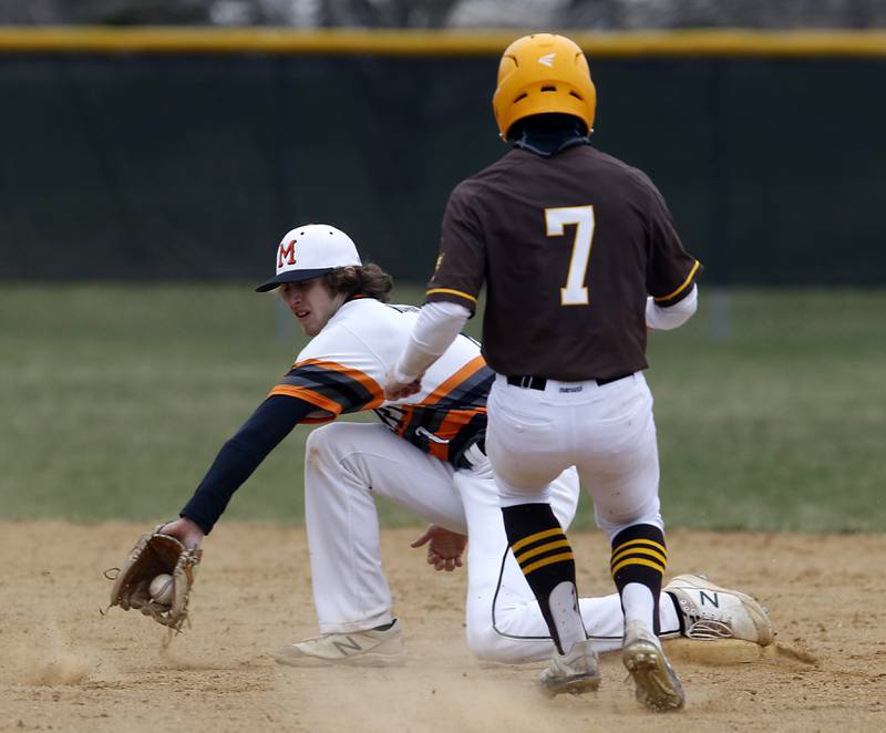 McHenry's Kyle Kaempf fields the throw as Jacobs's Keegan Connors steals second base during a Fox Valley Conference baseball game Friday, April 15, 2022, between Jacobs and McHenry at Petersen Park in McHenry.