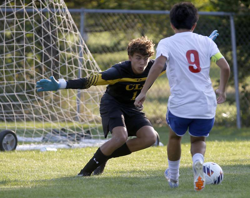 Crystal Lake South's Noah Dunteman defends Dundee-Crown's Gabriel Herrera Jr. as Herrera tries to score a goal during a Fox Valley Conference soccer match on Tuesday, Sept. 10, 2024, at Crystal Lake South High School.