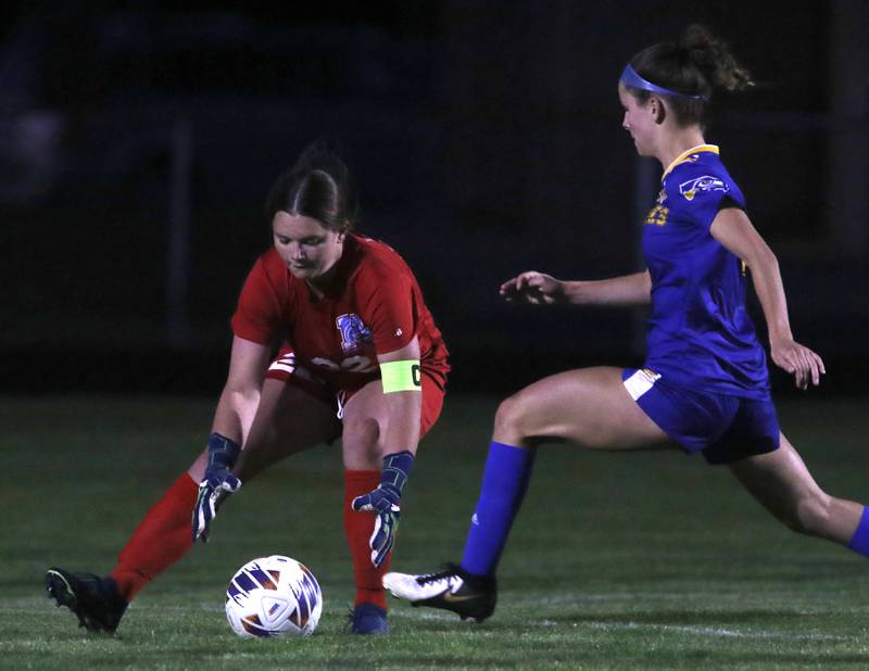 Marian Central'a Anna Lingle goes after the ball in front of Johnsburg's Elizabeth Smith during the IHSA Class 1A Marengo Regional championship soccer match on Tuesday, May 14, 2024, at Marengo High School.