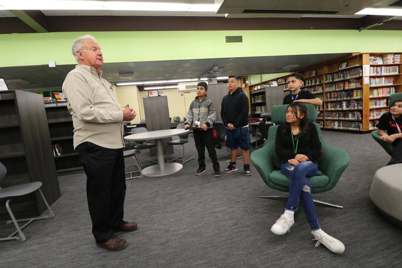 Bob DiLorenzo talking with 6th grade students who will be the first graduating class for the new Gompers Junior High (Class of 2027) - Bob was in the first graduating class of Gompers in 1958.