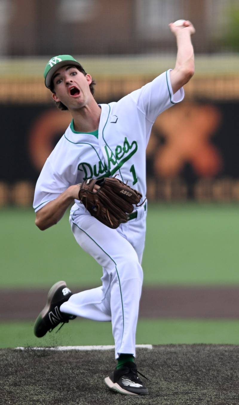 York pitcher Noah Hughes throws against Edwardsville during the Class 4A state baseball third-place game at Duly Health and Care Field on Saturday, June 8, 2024 in Joliet.