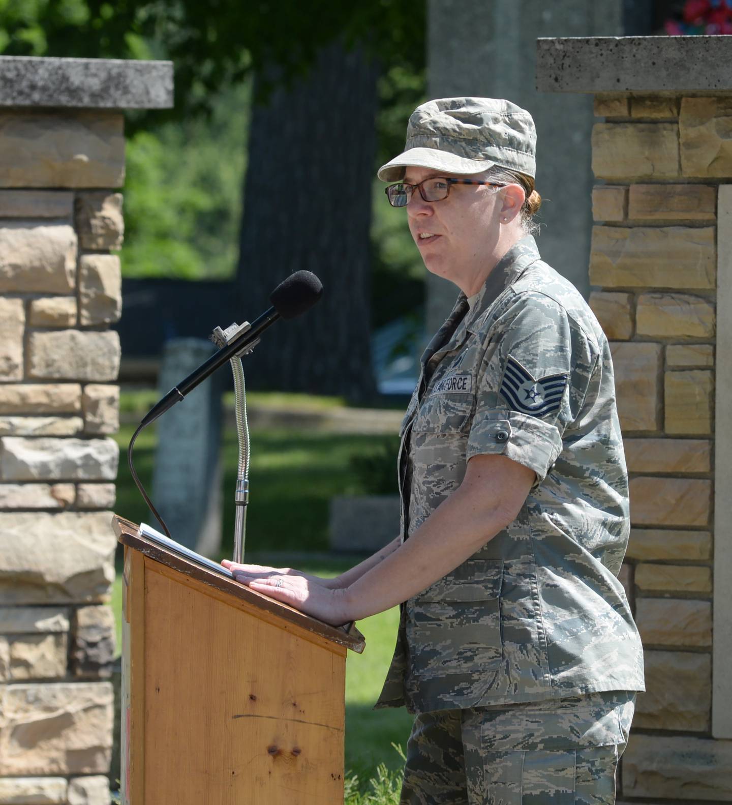 Veteran Tina West speaks at the Memorial Day service at Riverside Cemetery in Oregon on Monday, May 27, 2024.