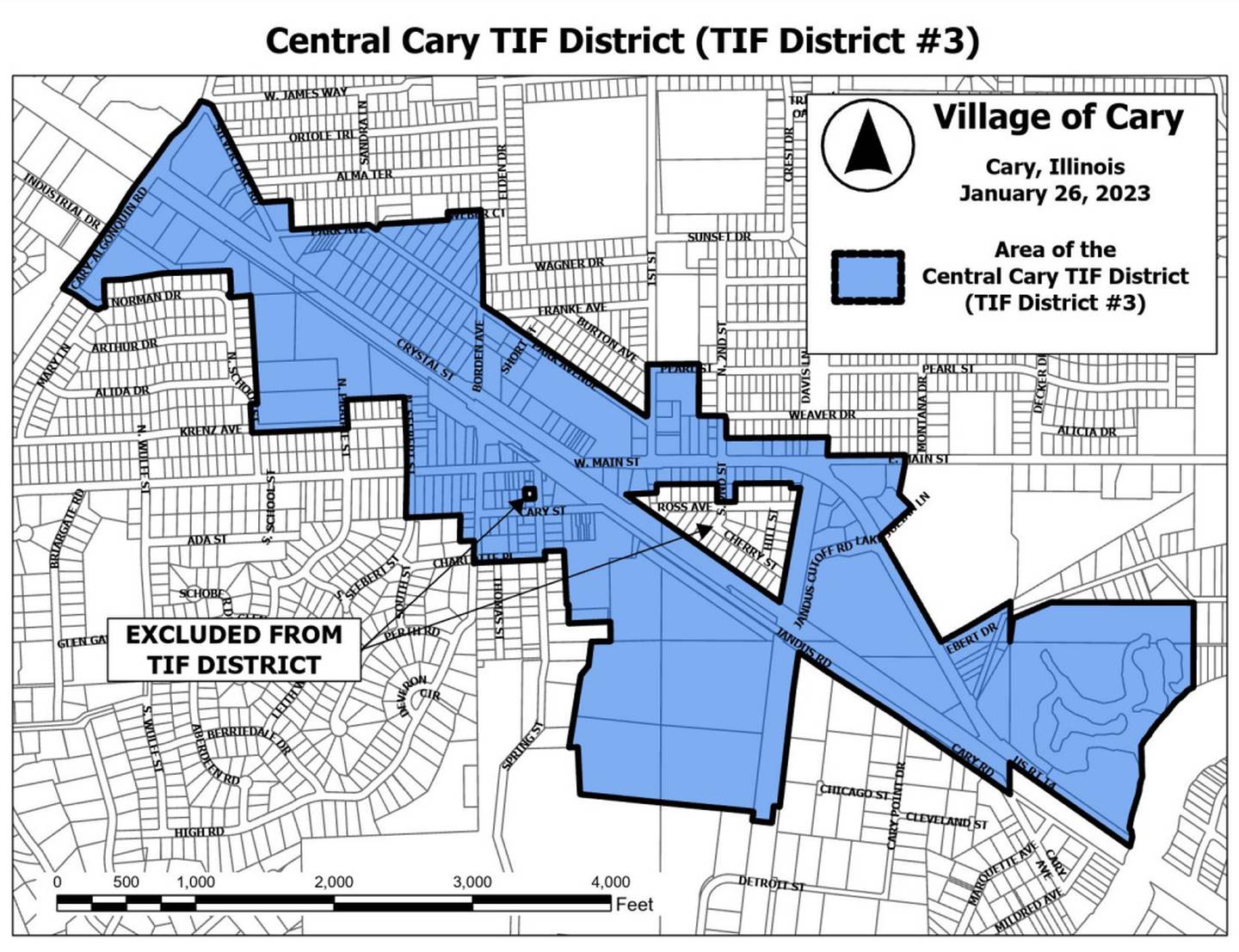 The boundaries of the newly proposed TIF in Cary, which could go up for a vote in August 2023.