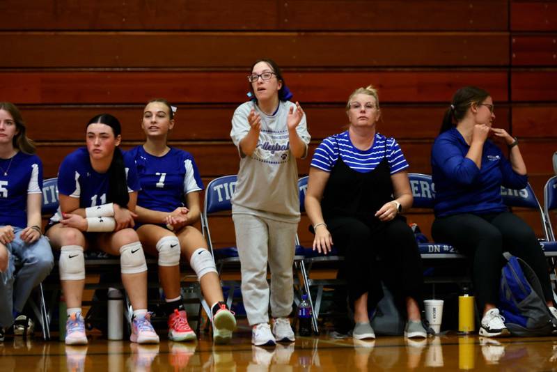 Princeton manager Kyla Kissick cheers on the Tigresses Tuesday night at Prouty Gym.