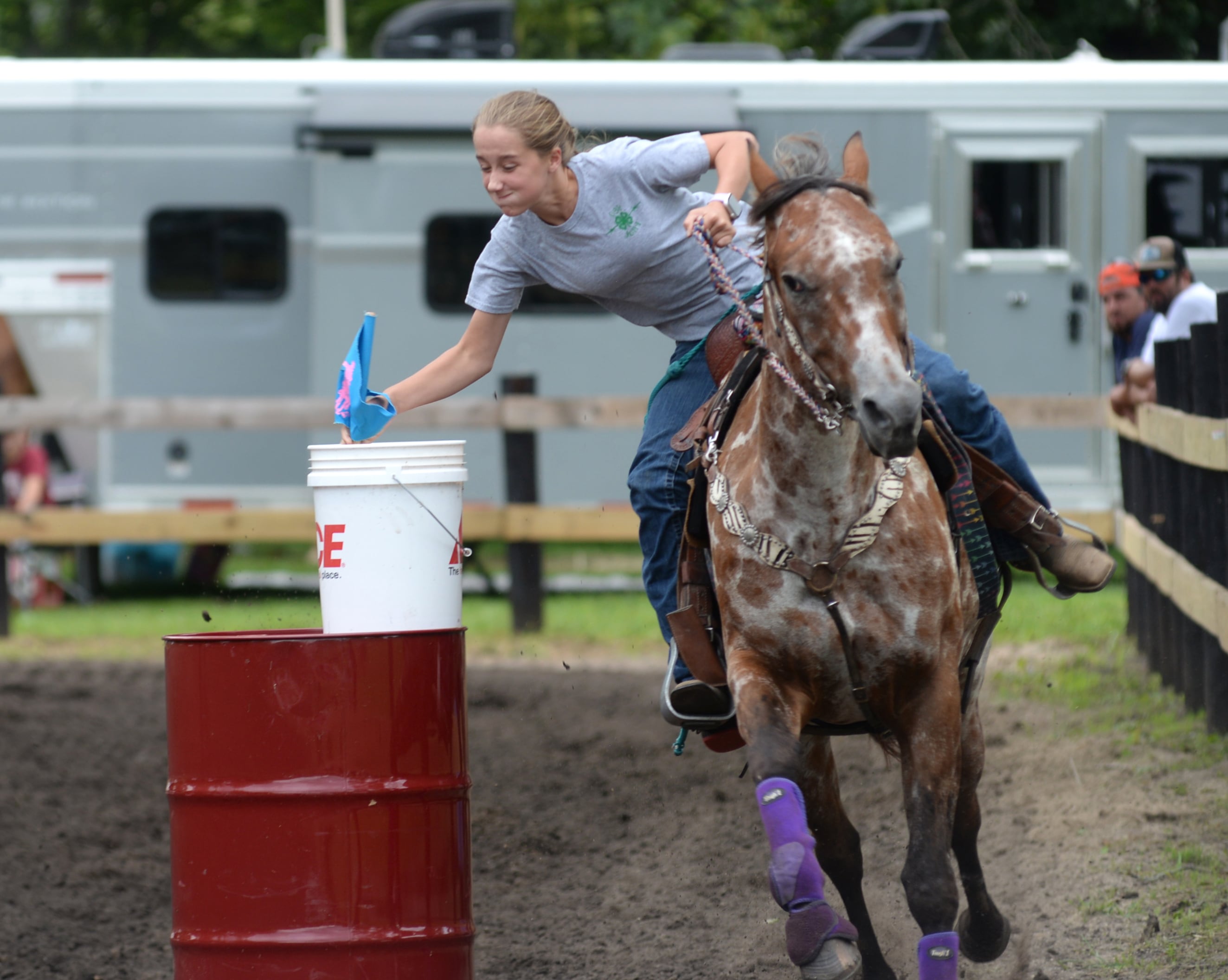 Piper Johnson, 13, of Rochelle, and her horse Snow, 6, a Leopard Appaloosa, compete in the Flags Competition at the Rock River Trail & Horseman Association's Grand Opening Show on Saturday, July 20, 2024. Johnson is also a member of the Ogle Jolly 4-H Club.