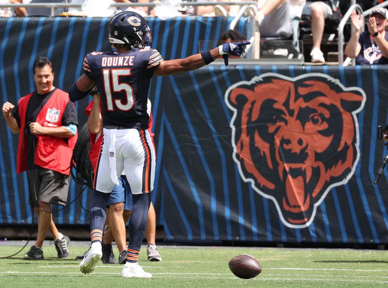 Chicago Bears wide receiver Rome Odunze signals a first down after a catch during their game Saturday, Aug. 17, 2024, against the Cincinnati Bengals at Soldier Field in Chicago.