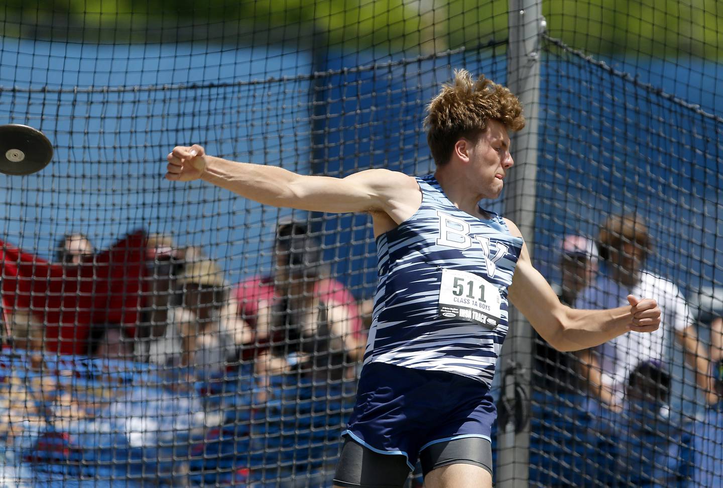 Bureau Valley’s Landon Hulsing throws the discus during the IHSA Class 3A Boys State Track and Field Championship meet on Saturday, May 25, 2024, at Eastern Illinois University in Charleston.