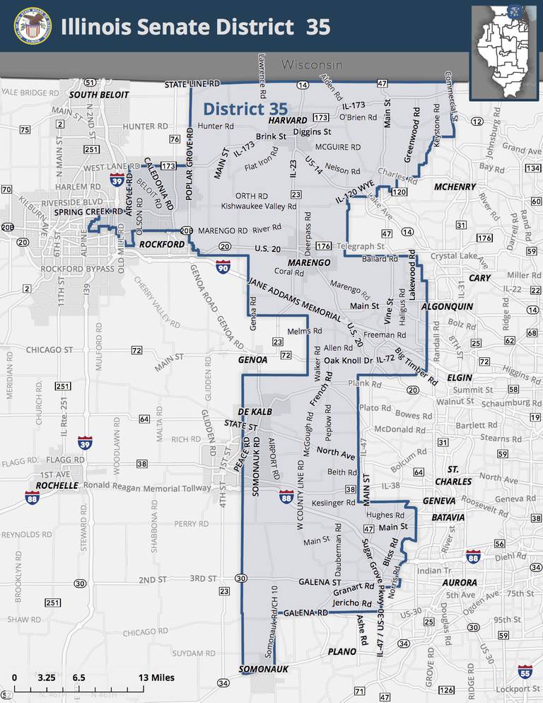 The new 35th legislative district was approved last year by the Illinois state assembly and includes portions of five counties including Boone, DeKalb, Kane, McHenry, and Winnebago.