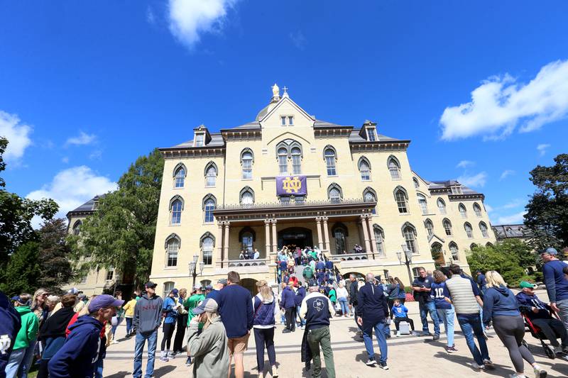 Fans gather around the Notre Dame Mary Atop the Golden Dome building on Saturday, Sept. 7, 2024 on the campus of Notre Dame.