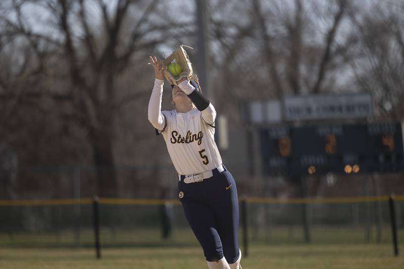 Sterling’s Mya Lira hauls in a pop fly for an out against Dixon Tuesday, March 19, 2024 in Dixon.