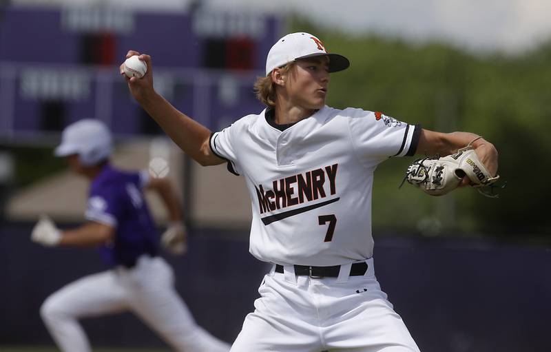 McHenry's Brandon Shannon throws the ball to first base to get the runner during a Class 4A Hampshire sectional baseball game on against Hampshire Wednesday, May 29, 2024, at the Hampshire High School.