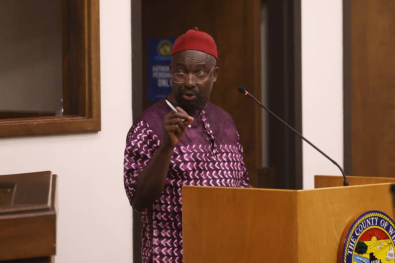 Home owner Omar Kamara speaks out against a proposal to issue $50 million bonds for future land preservation and forest preserve improvements at the Forest Preserve District of Will County Finance Committee meeting at the Will County Office Building on Thursday June 6, 2024 in Joliet.