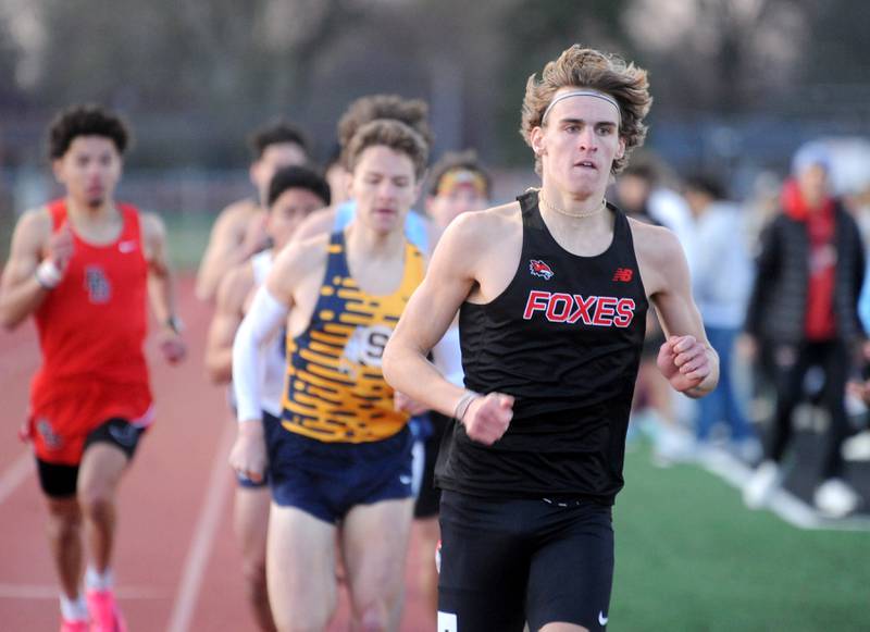 Yorkville's Owen Horeni takes the lead to the last lap of the 800 Meter Run during the Matt Wulf Track and Field Invitational at Yorkville High School in April 2024.