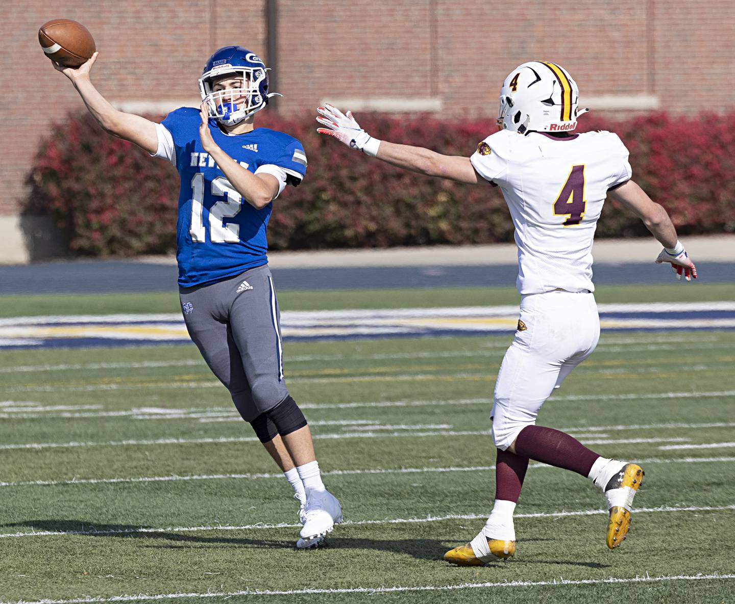 Newman’s Evan Bushman fires a pass against ROWVA Saturday, Oct. 28, 2023 in the Class 1A playoffs in Sterling.