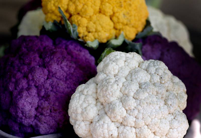 Colorful cauliflower  for sale on Tuesday, Aug. 27, 2024, from the Van Bergen’s Country Market booth during the Summer Woodstock Farmers Market around the Historic Woodstock Square. People were able to shop from over 40 of their favorite farms & producers for in-season food fresh produce, dairy, meats, breads, baked goods, spices, herbs, pasta, flowers and more.