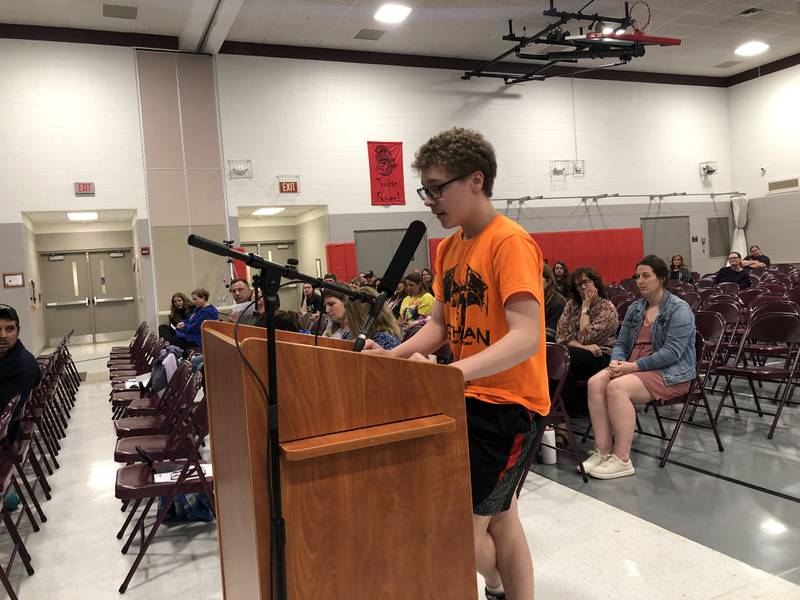 Jonah Schock, 13, was one of the former Landmark School students who spoke in the school's defense on Monday, May 13, 2024.